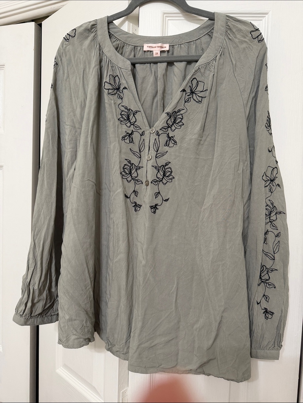Vintage Threads Sage Green Embroidered V-Neck Tunic